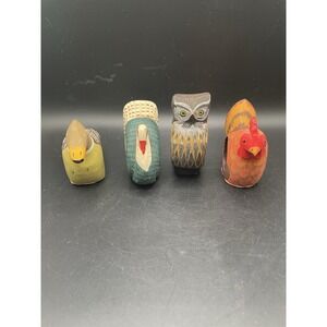 Vintage Hand painted Bird Napkin Rings Set Of Four Duck, Owl, Rooster, Turkey